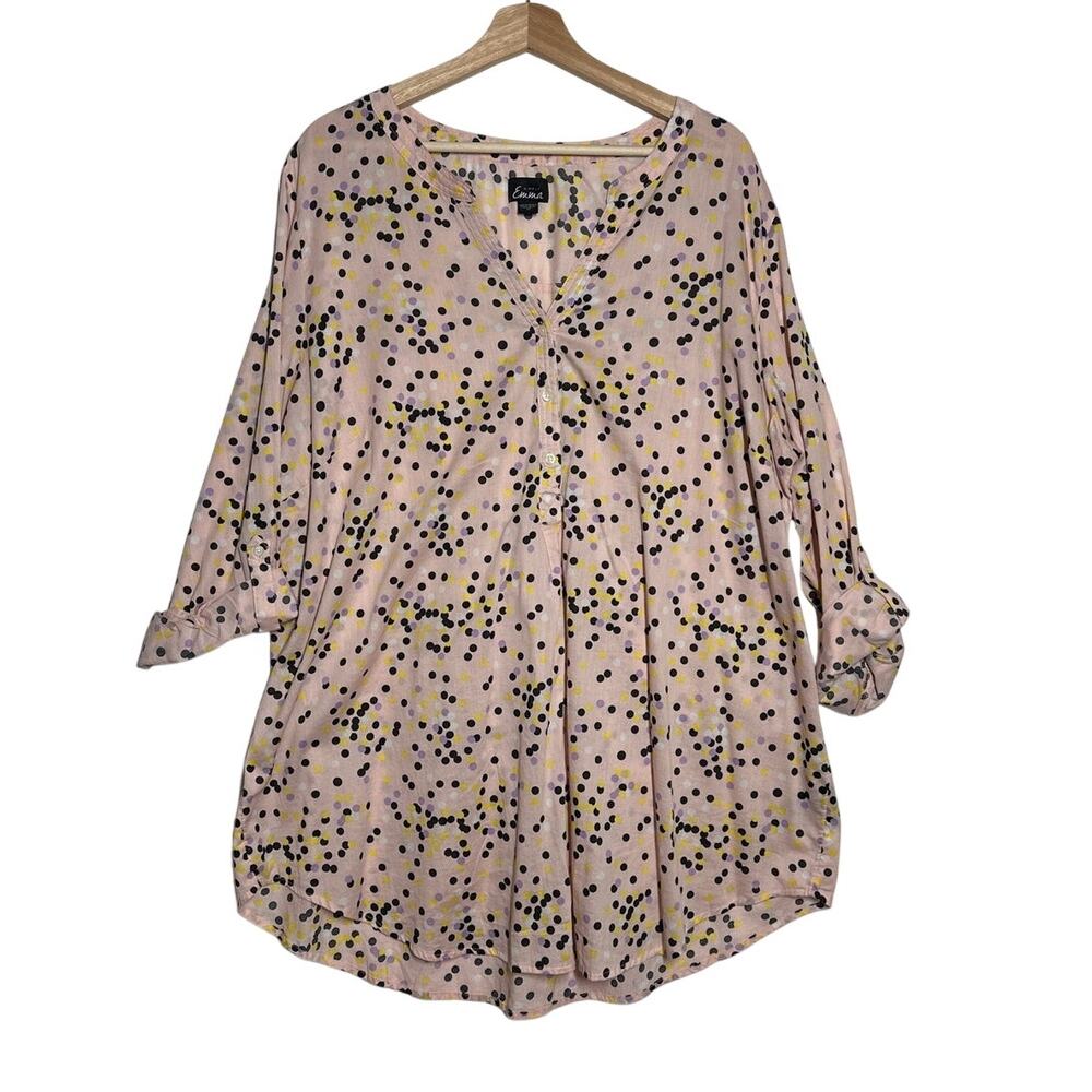 Simply Emma Polka Dot Tunic Top Sz 2X Split V-Neck Long Button Tab Sleeves Pink